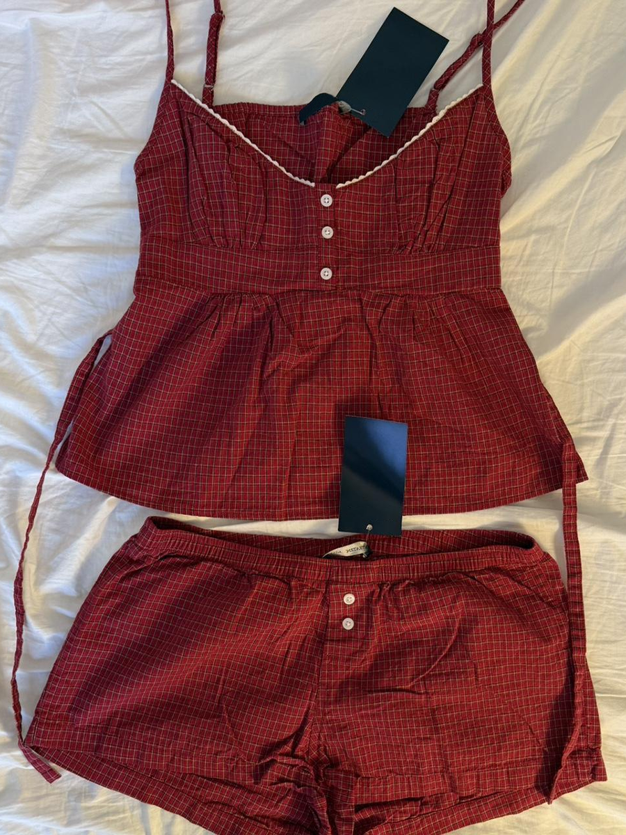 Lace Trim Cami - Red Plaid Buttons Tank Shorts Set