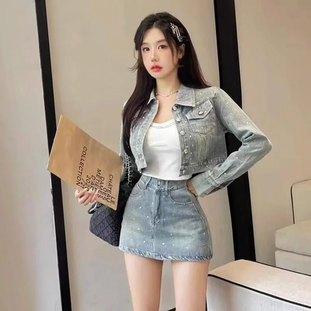 Women'S Fashion Denim Jacket - Korean Fashion Diamond Temperament Denim Jacket