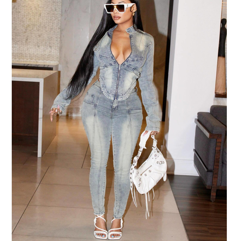 Women'S Fashion Denim Jacket - Elegant Fashion Denim Women's Set Full