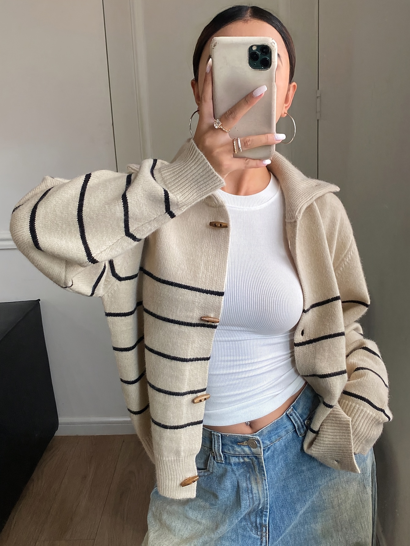 Turtleneck Bodysuit - Plus Size Women Striped Cardigan Horn