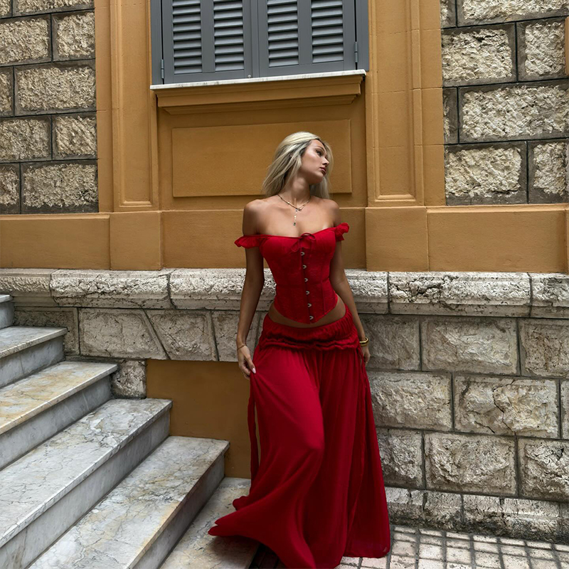 Chic Red Off Shoulder Corset T - Corset Top Boned บทวิจารณ์และราคา