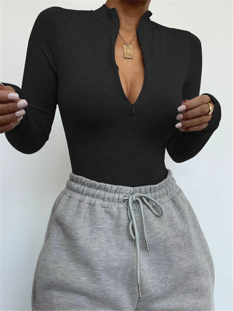 Shestyle Solid Zipper Bodycon  - Turtleneck Bodysuit บทวิจารณ์และราคา