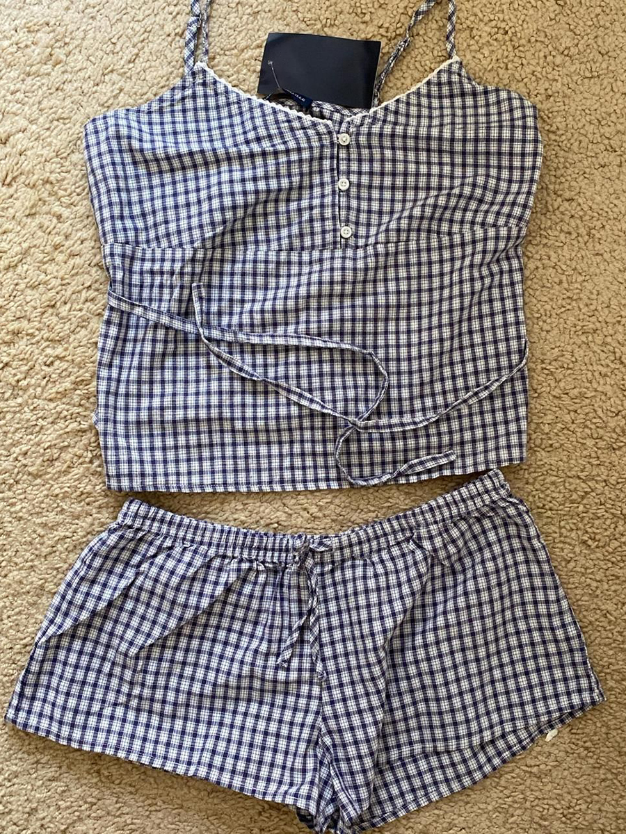 Navy Plaid Tank Shorts 2 Piece - Lace Trim Cami บทวิจารณ์และราคา