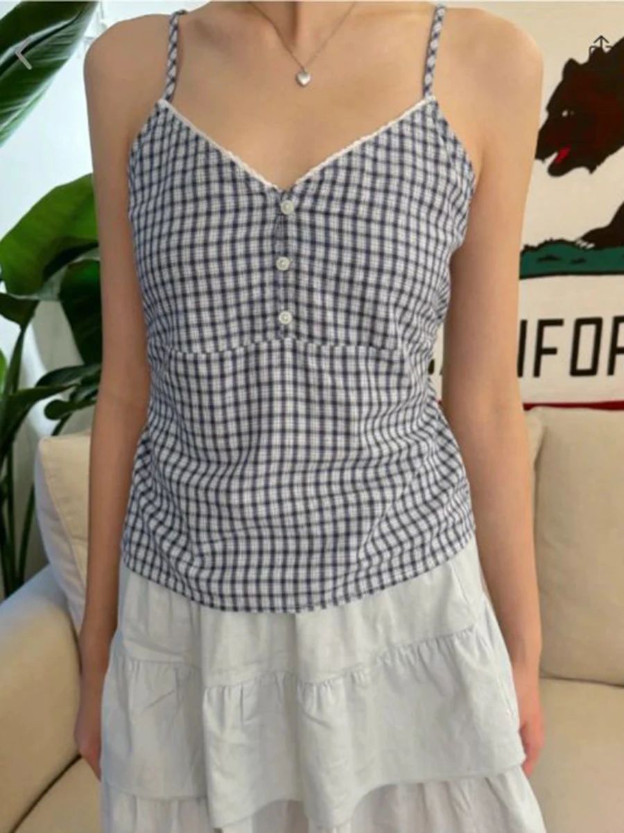 Navy Plaid Tank Shorts 2 Piece - Lace Trim Cami บทวิจารณ์และราคา