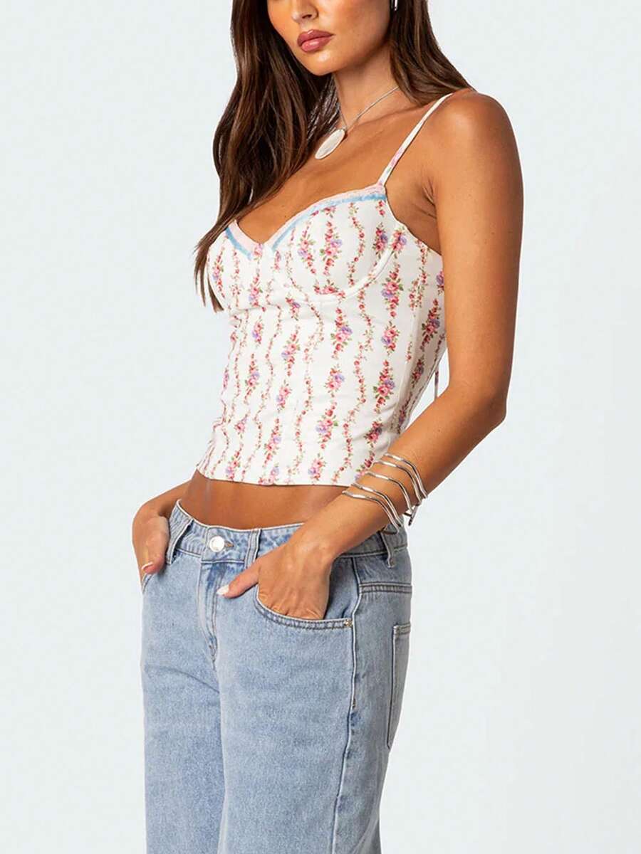 Women Floral Print Tie Strap V - Lace Trim Cami บทวิจารณ์และราคา