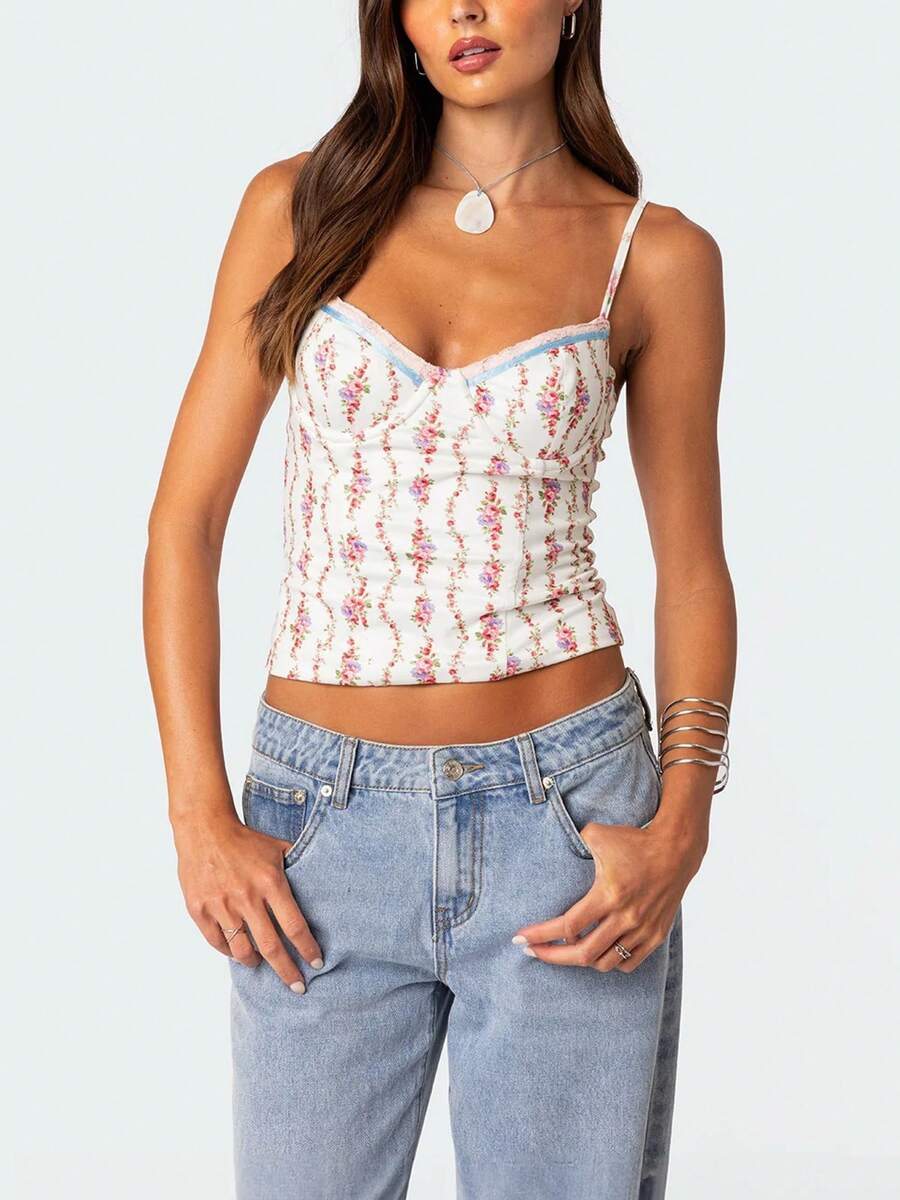 Women Floral Print Tie Strap V - Lace Trim Cami บทวิจารณ์และราคา