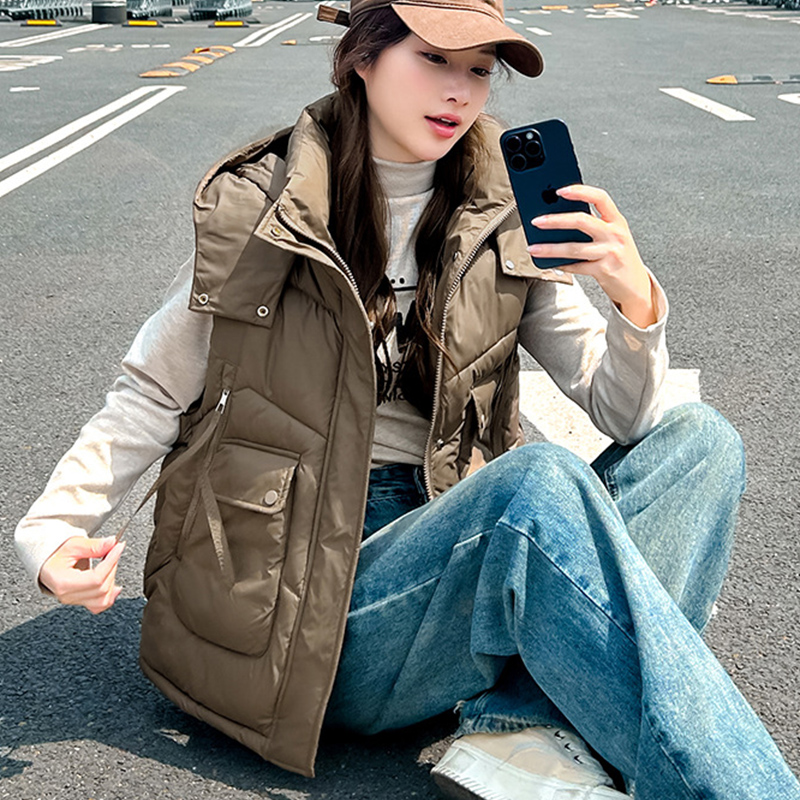 2025 Big Pocket Loose Hooded V - Puffer Vest Fashion Women บทวิจารณ์และราคา