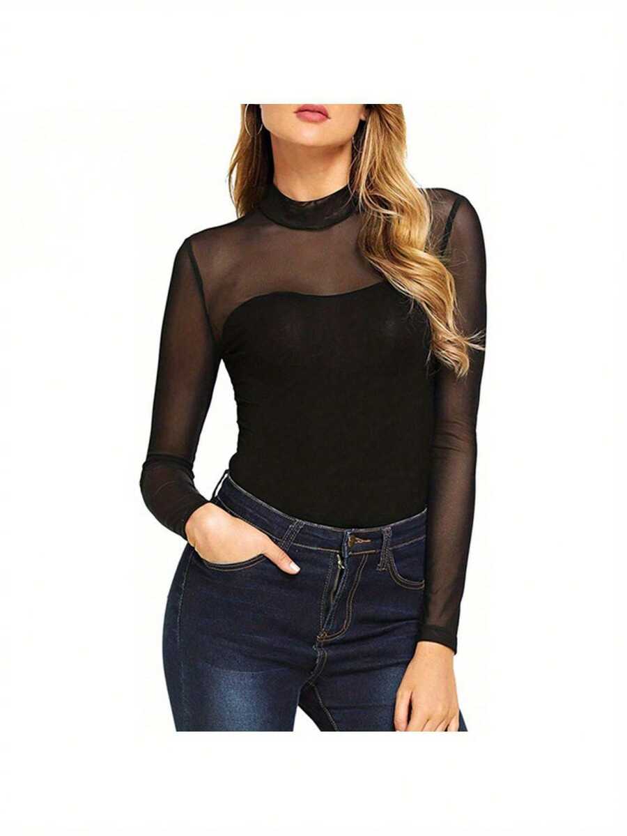 Womens Sheer Mesh Long Sleeve  - Turtleneck Bodysuit บทวิจารณ์และราคา