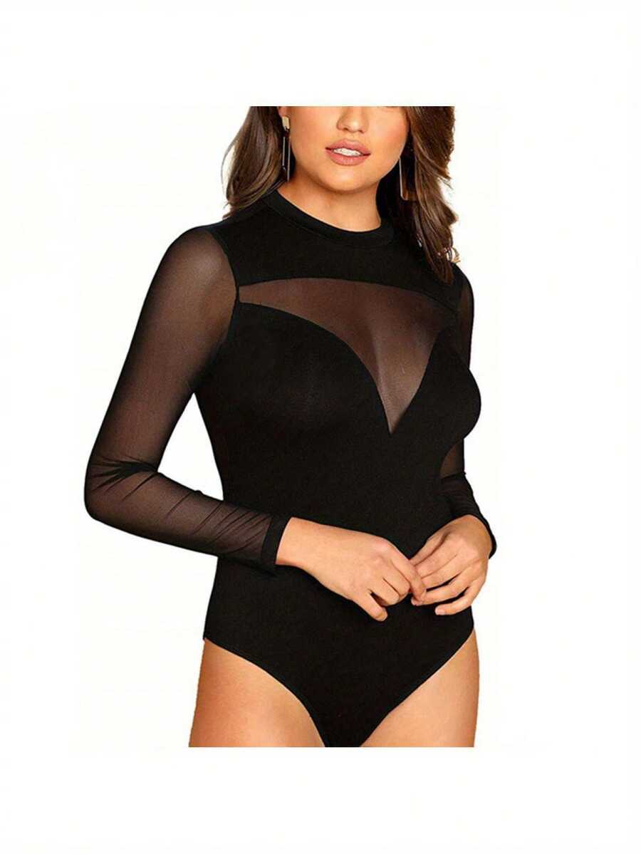 Womens Sheer Mesh Long Sleeve  - Turtleneck Bodysuit บทวิจารณ์และราคา